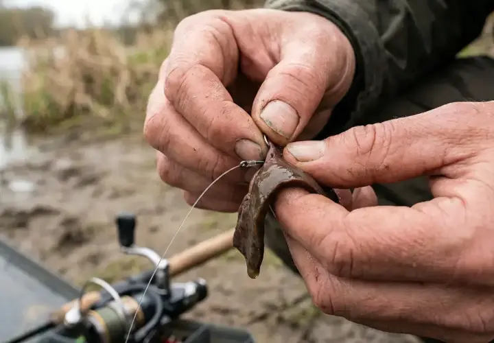 Dłonie wędkarza mocują kawałek wątróbki na haczyku wędkarskim.